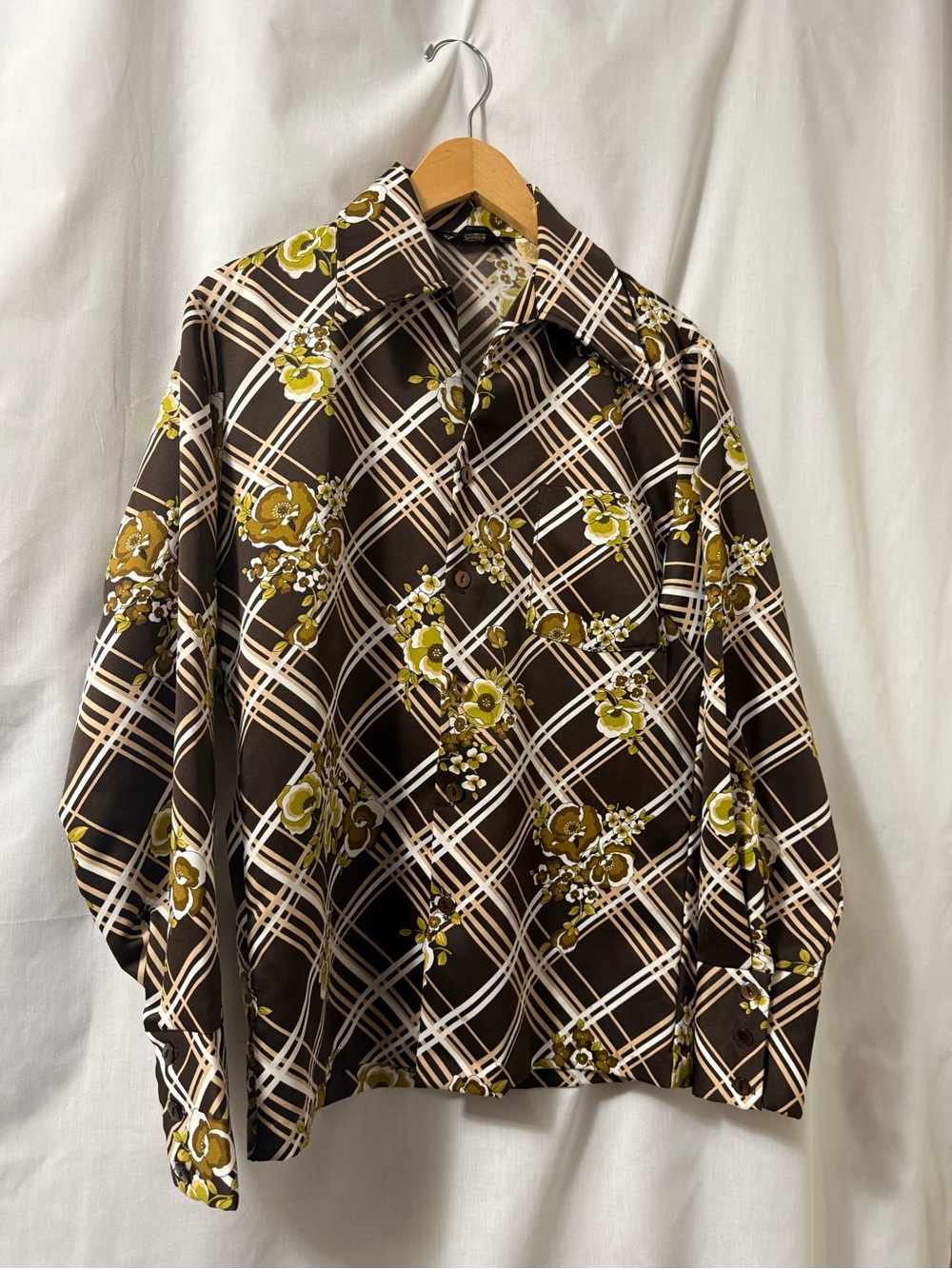 Vintage 1970’s Men's Brown Floral Plaid Button-Down Shirt Large Collar 0155